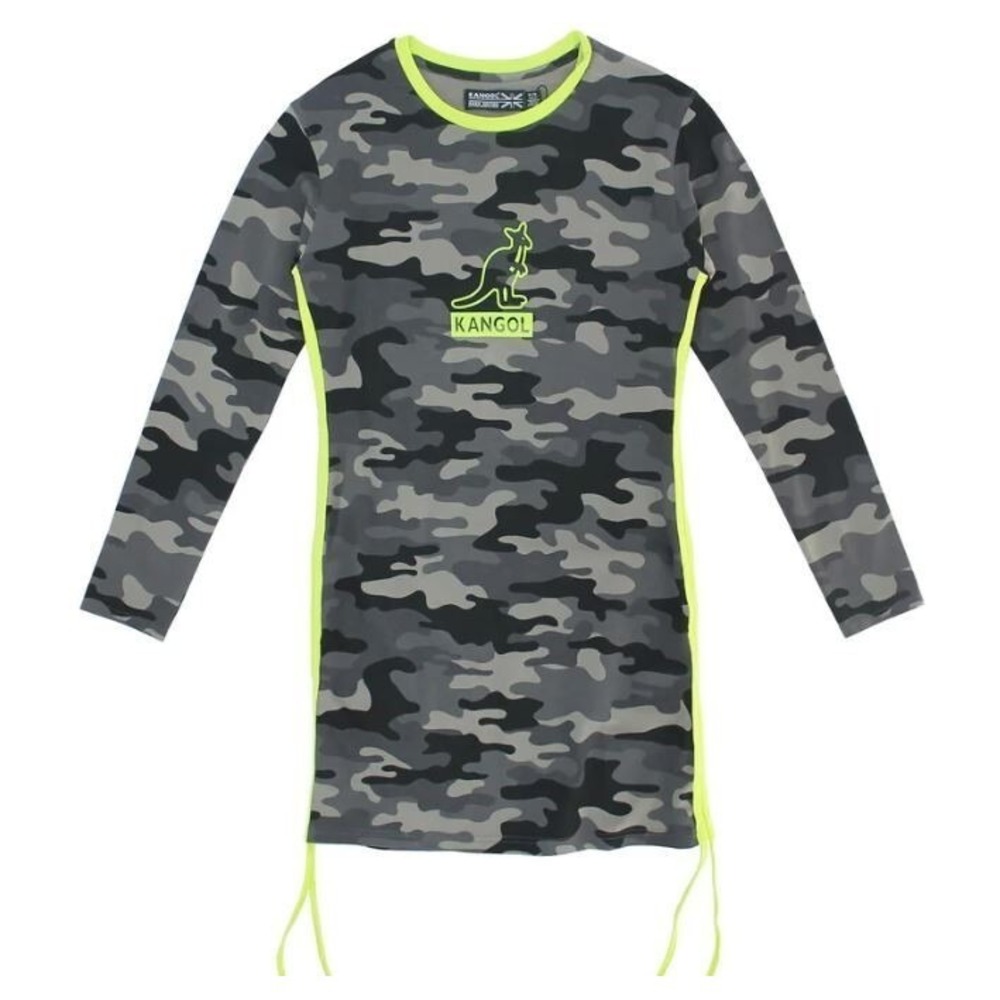 Kangol Camouflage T-Shirt Dress Womens XL Grey Neon Yellow New Long Sleeve‎ Mini